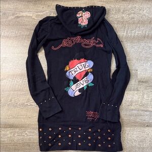 Ed Hardy Y2K Black True Love Hoodie Size XS